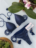 Navy Ribbed Tassel Bikini Set