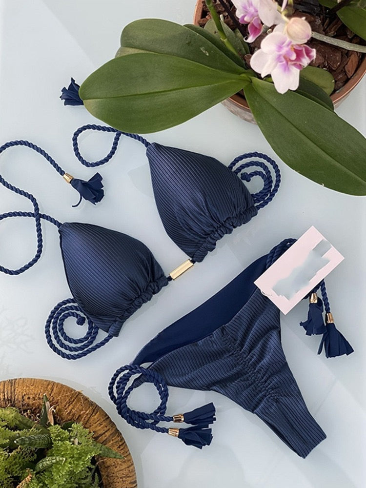 Navy Ribbed Tassel Bikini Set
