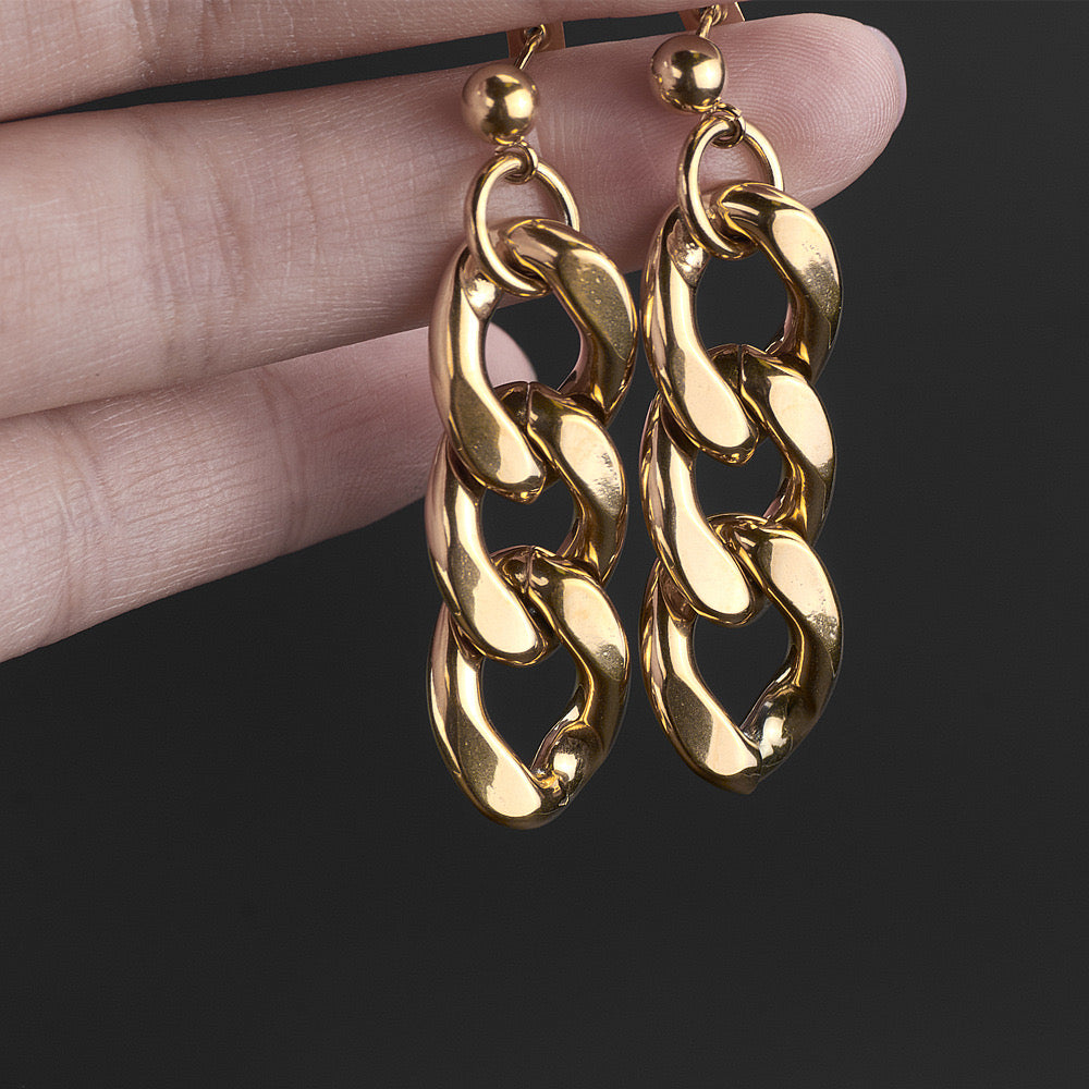 Gold Cuban Chain Link Drop Earrings