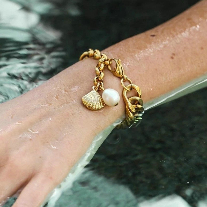 Gold Chain Shell & Freshwater Pearl Charm Bracelet