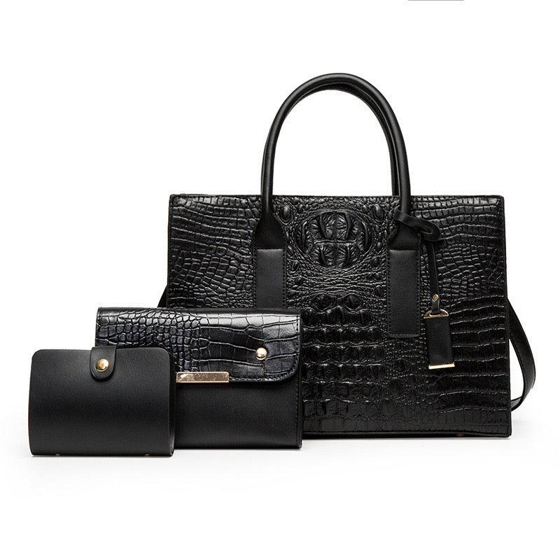 Noir Croc 3-Piece Handbag Set
