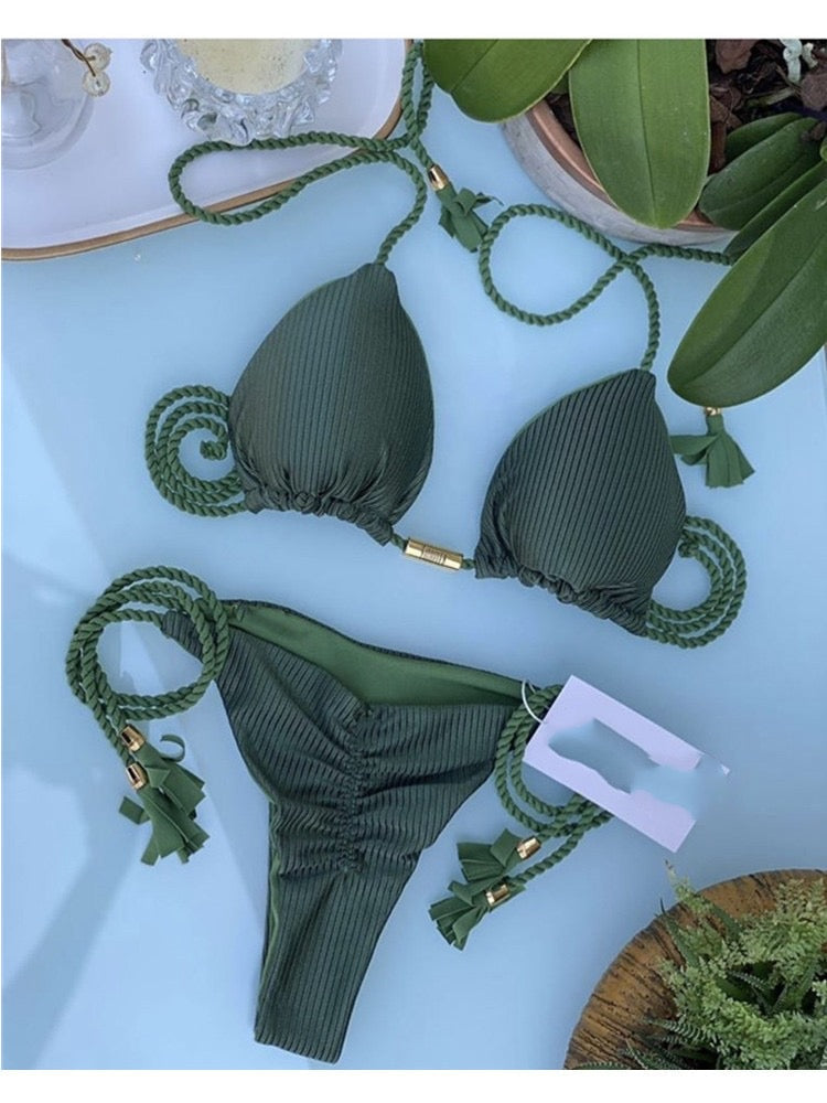 Ribbed Tassel Bikini Set
